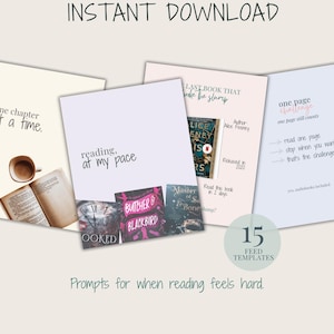 May include: An image featuring several digital templates with reading prompts. The templates have text like "one chapter at a time" and "reading at my pace." A coffee cup and open book are also visible. The image includes the text "INSTANT DOWNLOAD" and "15 FEED TEMPLATES."