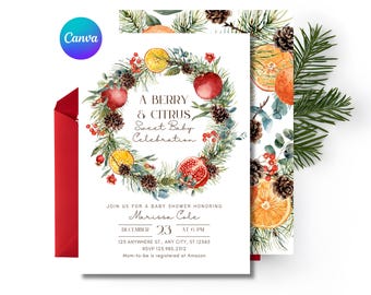 Winter Citrus Baby Shower Invitation Set | Berry Theme (Canva Templates)
