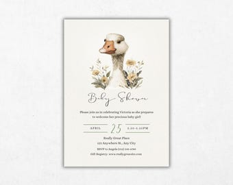May include: Baby shower invitation featuring a watercolor illustration of a goose with yellow flowers. The invitation includes the text "Baby Shower" and event details: date, time, and location.