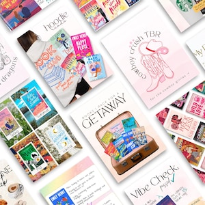May include: A collection of books and stationery items are displayed on a white background. The books have vibrant covers, with titles such as "Happy Place" and "Wild Love." A hoodie with the words "Book Lovers Club" is also present.