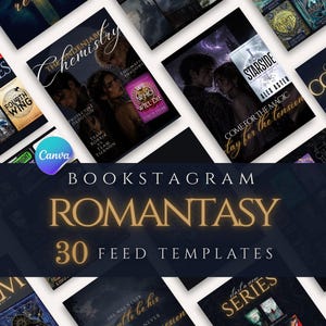 Può includere: Una collezione di copertine di libri con sfondi scuri, con titoli come "The Chemistry" e "Starside." L'immagine include il testo "Bookstagram Romantasy 30 Feed Templates" e il logo Canva. Le copertine hanno vari design.