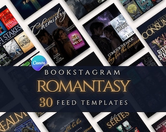 May include: A collection of book covers with dark backgrounds, featuring titles like "The Chemistry" and "Starside." The image includes the text "Bookstagram Romantasy 30 Feed Templates" and the Canva logo. The covers have various designs.
