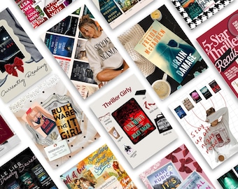May include: A collage of various book covers and reading-themed graphics featuring titles like Brain Damage, The It Girl, and The Unknown. The collection includes illustrations of coffee, reading glasses, and text overlays such as Thriller Girly and Currently Reading.