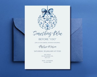 May include: A blue invitation with the text "Something Blue" and "Before I Do" for a bridal shower. The invitation features a floral design and is accompanied by a blue envelope.