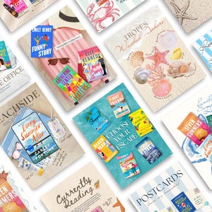 Puede incluir: Una colección de varias portadas de libros y gráficos promocionales con temática veraniega que incluyen títulos como Every Summer After, Funny Story y Love Song, dispuestos en una cuadrícula con ilustraciones de conchas y toallas de playa.