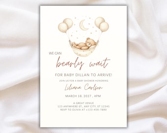 Bearly Wait Baby Shower Invitation Bundle, Teddy Bear Balloon Theme, Canva Template