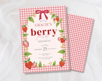Berry First Birthday Invitation Template, Strawberry Girl Party Invite, Canva Editable