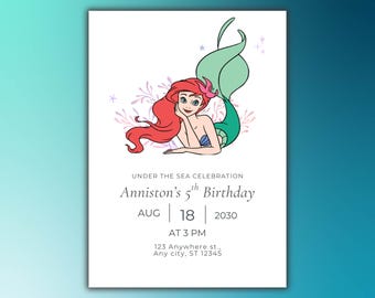 May include: A birthday invitation featuring a cartoon mermaid with red hair and a green tail. The invitation includes the text "Under the Sea Celebration" and "Anniston's 5th Birthday" with the date August 18, 2030, and the time 3 PM.