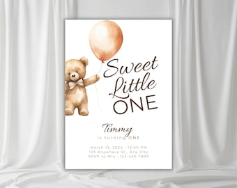 May include: A baby shower invitation featuring a watercolor illustration of a teddy bear holding a balloon. The text reads "Sweet Little ONE" with the name "Timmy" and event details. The design is on a white background.