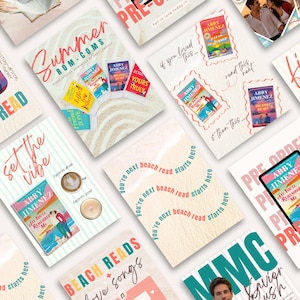 Può includere: Una collezione di copertine di libri e materiali promozionali per i romanzi di Abby Jimenez. I design presentano elementi a tema spiaggia, colori pastello e testo come "Summer Rom-Coms" e "Beach Read".