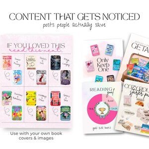 Puede incluir: Una colecci&oacute;n de gr&aacute;ficos con tem&aacute;tica de libros, que incluye un gr&aacute;fico rosa y blanco con portadas de libros y el texto "If you loved this read this next". Otros gr&aacute;ficos incluyen "Only Keep One", "Books Pack for a Getaway" y "Cozy Routine Starter Pack".