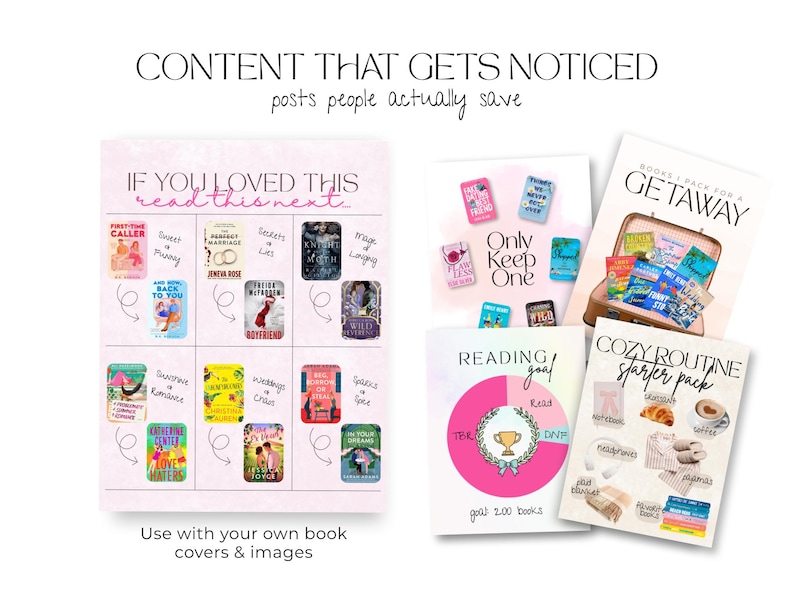 Puede incluir: Una colecci&oacute;n de gr&aacute;ficos con tem&aacute;tica de libros, que incluye un gr&aacute;fico rosa y blanco con portadas de libros y el texto "If you loved this read this next". Otros gr&aacute;ficos incluyen "Only Keep One", "Books Pack for a Getaway" y "Cozy Routine Starter Pack".