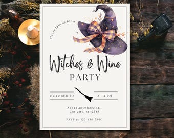May include: A party invitation with a watercolor illustration of a witch's hat with a plaid bow. The text reads "Witches & Wine PARTY" with date and time details. A broom graphic is included.
