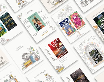 May include: A collection of book review cards featuring hand-drawn illustrations of hedgehogs, owls, and floral motifs. Each card displays a book cover, including titles like Lovelight Farms and The First Time I Saw Him, with handwritten notes and star ratings.