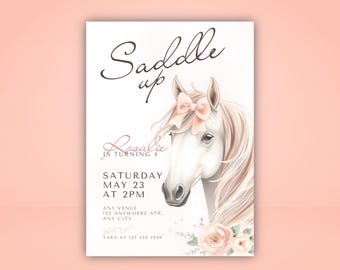 Saddle Up Birthday Invitation, Horse Girl Party Invite, Editable Canva Template
