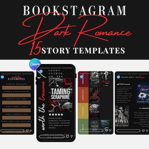 Puede incluir: Diseño gráfico digital para Instagram, con el texto «BOOKSTAGRAM Dark Romance 15 STORY TEMPLATES». El diseño incluye plantillas para la promoción de libros, con un fondo negro y texto rojo y blanco. Las plantillas muestran portadas de libros y citas.