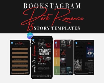 May include: A digital graphic design for Instagram, featuring the text "BOOKSTAGRAM Dark Romance 15 STORY TEMPLATES". The design includes templates for book promotion, with a black background and red and white text. The templates showcase book covers and quotes.