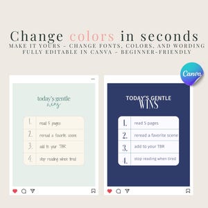 May include: Two social media post templates with the text "Change colors in seconds" and "Today's Gentle Wins". The templates are fully editable in Canva and feature reading-related prompts. One is light green, the other is navy blue.