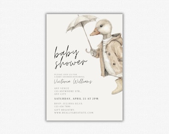 May include: Baby shower invitation featuring a watercolor illustration of a duck wearing a coat and holding an umbrella. The invitation includes the text "baby shower", the honoree's name, and event details.