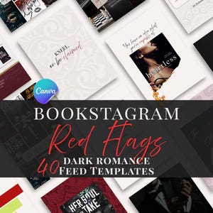 May include: A selection of dark romance feed templates for Bookstagram. The image displays various book covers and graphics with text such as "Red Flags" and "Heartless". The Canva logo is also visible.