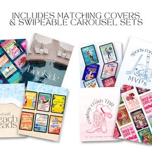 Puede incluir: Colecci&oacute;n de portadas de libros con varios temas, incluyendo romance, lecturas de playa y romance deportivo. Las portadas presentan dise&ntilde;os y texto coloridos, con la frase "Includes Matching Covers & Swipeable Carousel Sets" en la parte superior.