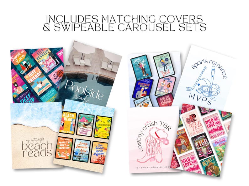 Puede incluir: Colecci&oacute;n de portadas de libros con varios temas, incluyendo romance, lecturas de playa y romance deportivo. Las portadas presentan dise&ntilde;os y texto coloridos, con la frase "Includes Matching Covers & Swipeable Carousel Sets" en la parte superior.