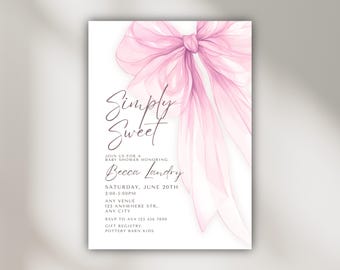 May include: A baby shower invitation with a large, watercolor-style pink bow in the upper left corner. The text "Simply Sweet" is written in elegant script, with event details below, including the name Becca Landry and the date.