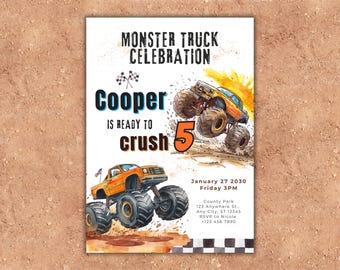 Monster Truck Birthday Invitation, Boys Truck Party, Editable Canva