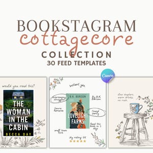 Può includere: Raccolta Bookstagram cottagecore con 30 modelli di feed. L'immagine presenta tre copertine di libri illustrate con testo: "The Woman in the Cabin", "Lovelight Farms" e una tazza da tè su uno sgabello. Il logo Canva è visibile.
