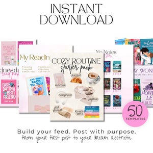 Puede incluir: Descarga digital con plantillas para publicaciones en redes sociales. Incluye portadas de libros, un paquete de inicio de rutina acogedora con croissant y caf&eacute;, y el texto &laquo;Descarga instant&aacute;nea&raquo;. La imagen tiene una est&eacute;tica rosa y blanca.