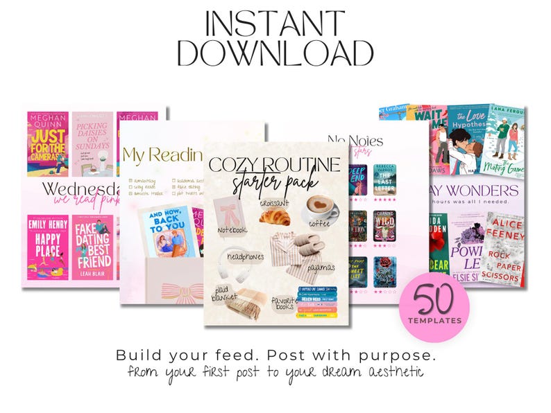 Puede incluir: Descarga digital con plantillas para publicaciones en redes sociales. Incluye portadas de libros, un paquete de inicio de rutina acogedora con croissant y caf&eacute;, y el texto &laquo;Descarga instant&aacute;nea&raquo;. La imagen tiene una est&eacute;tica rosa y blanca.
