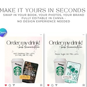 Puede incluir: Dos publicaciones en redes sociales con el texto "Order my drink!" y "book recommendation". Una publicaci&oacute;n presenta una taza de caf&eacute; con el nombre "Victoria" y un libro titulado "Shield of Sparrows". La otra publicaci&oacute;n tiene una taza con "Tiffany" y un libro titulado "Hope".