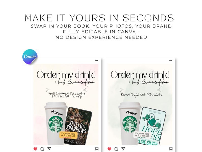 Puede incluir: Dos publicaciones en redes sociales con el texto "Order my drink!" y "book recommendation". Una publicaci&oacute;n presenta una taza de caf&eacute; con el nombre "Victoria" y un libro titulado "Shield of Sparrows". La otra publicaci&oacute;n tiene una taza con "Tiffany" y un libro titulado "Hope".