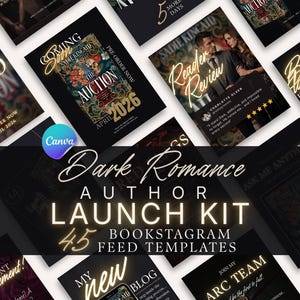 May include: A collection of dark romance bookstagram feed templates. The design features black backgrounds with gold and white text. The text includes "Dark Romance Author Launch Kit" and "45 Bookstagram Feed Templates."
