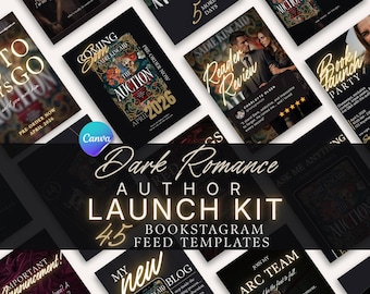 May include: A collection of dark romance bookstagram feed templates. The design features black backgrounds with gold and white text. The text includes "Dark Romance Author Launch Kit" and "45 Bookstagram Feed Templates."