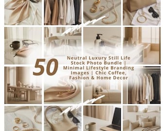 50 Neutral Luxus Stillleben Stock-Foto-Bundle | Minimal Lifestyle Branding Bilder | Chic Kaffee, Mode & Wohnkultur