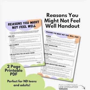 May include: A two-page printable PDF handout titled "Reasons You Might Not Feel Well." The handout lists potential causes like low iron, vitamin D, and electrolytes. The text is in black on a white background with pastel accents.