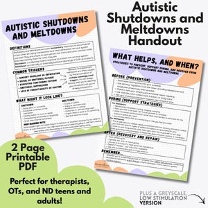 Autistic Shutdown and Meltdown Handout | Printable Psychoeducation and Support Bundle for ND teens and adults | Autistic Therapist Created
