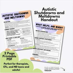 May include: Two-page printable PDF handout titled "Autistic Shutdowns and Meltdowns." The handout includes definitions, common triggers, and strategies to prevent, support, and recover from shutdowns and meltdowns. The text is in black and purple.