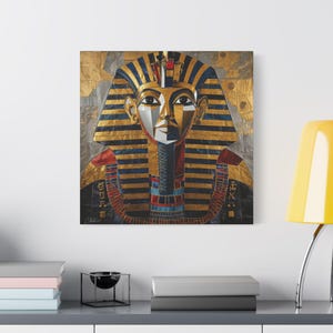 Kubistische Horus Wandkunst - Ägyptischer Himmelsgott Dekor, Blau-Gold Mythologie Leinwanddruck