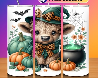 Halloween Highland Cow 20oz Tumbler Wrap: Witchy PNG (Digital Download) Halloween Tumbler Wrap Seamless Halloween Highland Cow Tumbler Wrap