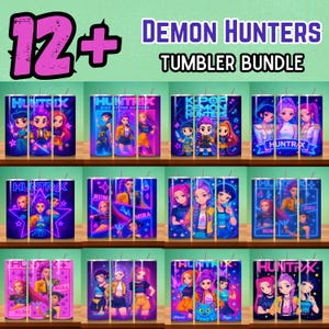 May include: A collection of 12+ Demon Hunters tumbler bundle. The tumblers feature colorful anime-style illustrations of characters with the text "HUNTRIX", "RUM", "MIRA", and "ZOEY". The text "K-POP DEMON HUNTERS" is also visible.