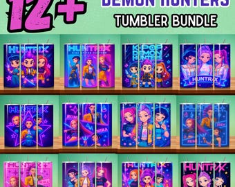 Paquete de vasos Huntrix de 20 oz con envoltorio PNG, vaso de Demon Hunters, regalo para fans de Huntrix, vaso delgado de Kpop