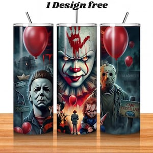 May include: Three stainless steel tumblers with Halloween horror movie designs. Each tumbler features a different character: Pennywise, Michael Myers, and Jason Voorhees, with red balloons and spooky backgrounds. Includes a straw.