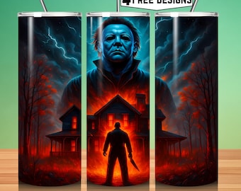 Diseño de vaso de película de terror de Halloween: PNG de sublimación delgada de 20 oz, descarga digital