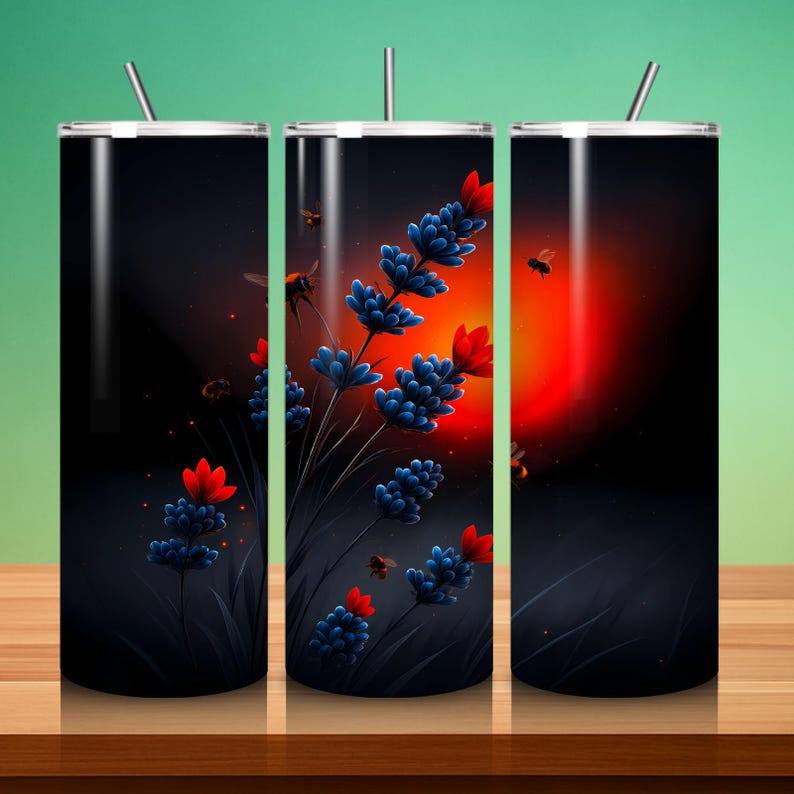 May include: Three stainless steel tumblers with a floral design. The design features blue flowers, red accents, and bees against a dark background with a red and orange gradient. Each tumbler has a silver straw.