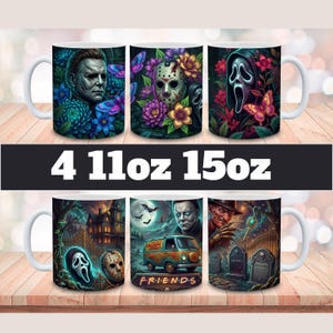 Puede incluir: Seis tazas de cerámica blanca con diseños de temática de terror. Cada taza presenta un personaje o escena diferente, incluyendo a Michael Myers, Jason Voorhees y Freddy Krueger, rodeados de flores y mariposas. El texto "4 11oz 15oz" está impreso en la imagen.