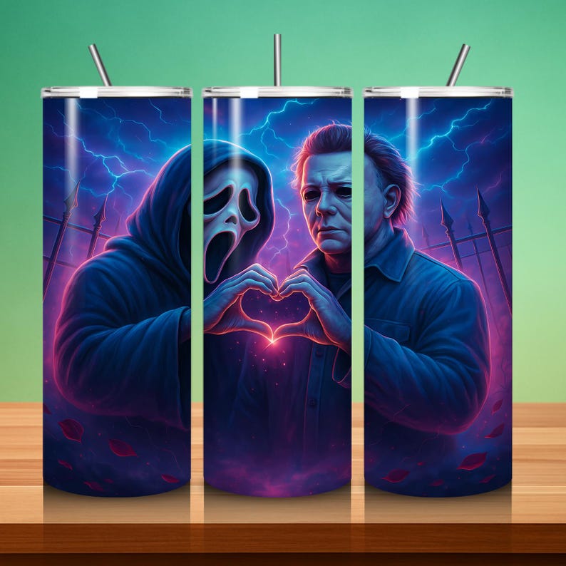 May include: Three stainless steel tumblers with a Halloween design. The design shows two characters making a heart shape with their hands, set against a backdrop of lightning and a graveyard. The tumblers have a straw and a lid.