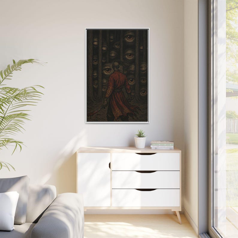 Man in Red Cloak Facing Wall of Eyes Canvas Framed Art | Dark Fantasy ...