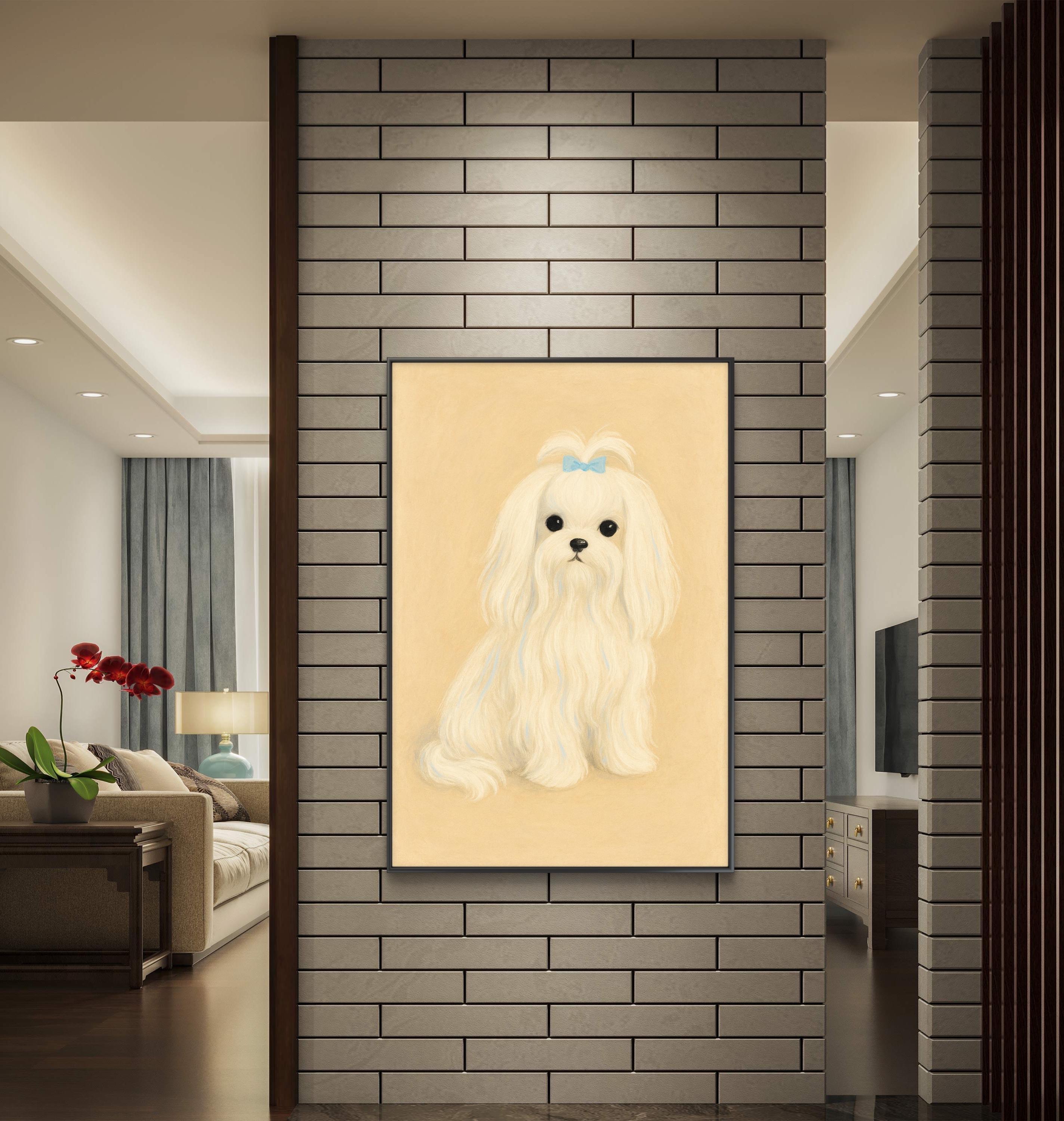 額入りマルチーズ犬の肖像画キャンバス、かわいいペットの壁アート